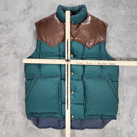 Woolrich Vest Mens Large Green Down Quilted Puffer Leather Yoke Western USA - Picture 5 of 9